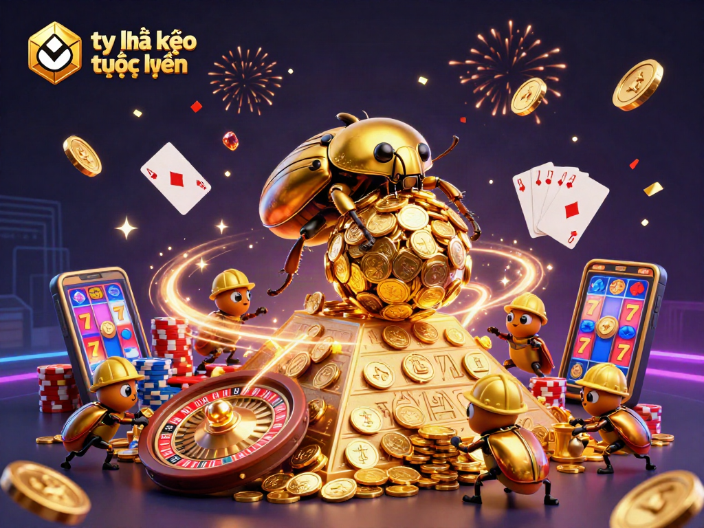 Engage with tỷ lệ kèo trực tuyến through this vibrant illustration of golden beetles and dynamic casino elements.