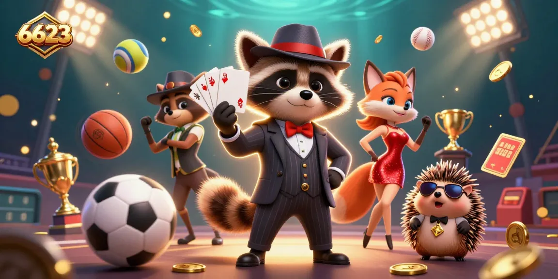 Engage in thrilling bets with 6623 through dynamic 3D casino illustration featuring raccoon and fox.
