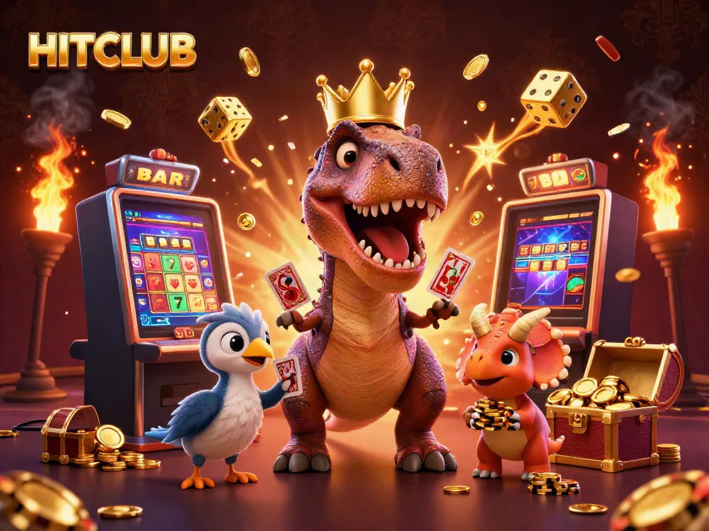 Hitclub T-Rex playing cards with golden chips in a dynamic casino scene