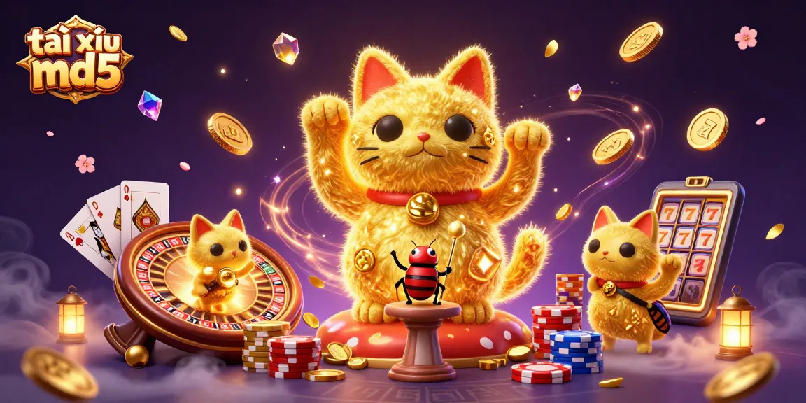 Engage with tài xỉu md5 through vibrant 3D illustration featuring golden fireflies and casino elements.
