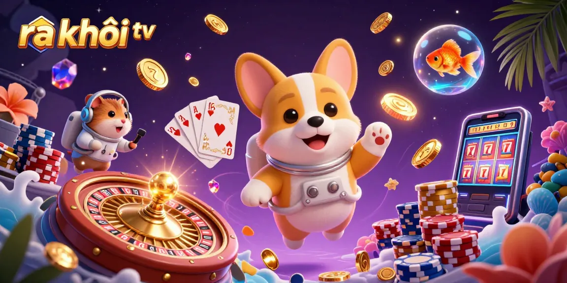 Enhance your gaming experience with ra khơi tv, featuring a whimsical casino scene with a cartoon astronaut corgi and vibrant gambling elements.