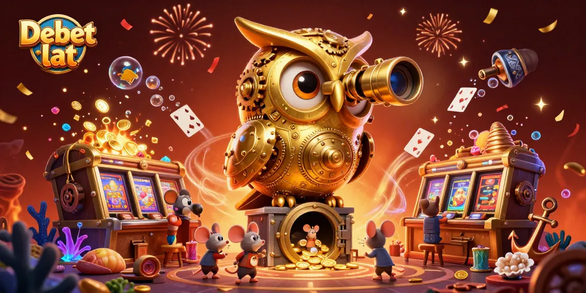 Experience the thrills of Debet lat with a golden owl scanning a vibrant casino filled with treasures