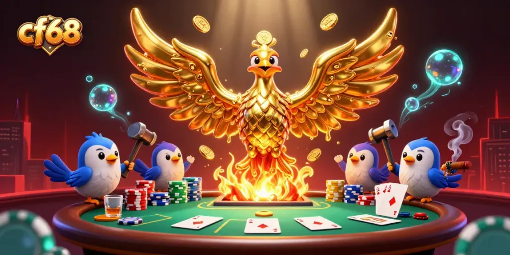 Experience high-stakes poker gameplay with cf68 in this vibrant casino scene, featuring golden phoenix and chips.