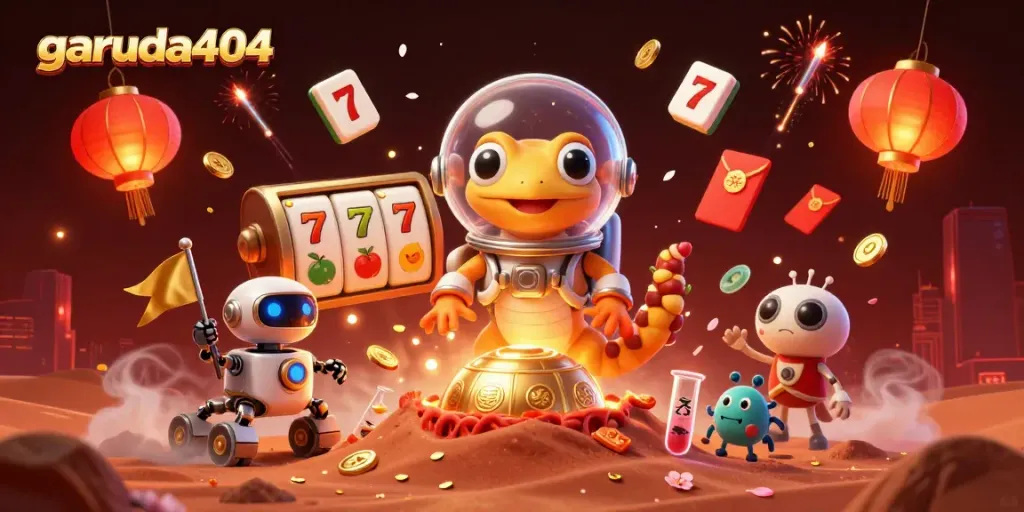 Engage with garuda404 in a vibrant casino adventure featuring a Martian gecko, slot reels, and celebratory elements.