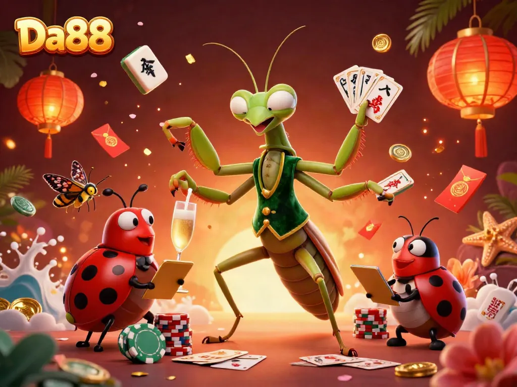 Experience thrilling gameplay at Da88 as a giant praying mantis card sharp deals cards in a vibrant casino scene.