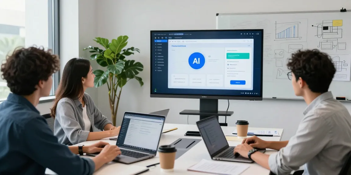 Team collaborating to build internal tools with AI in a modern office.
