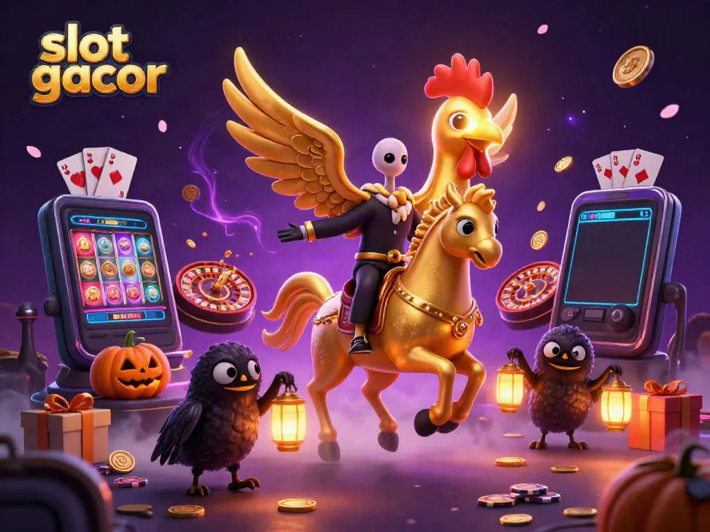 Experience thrilling slot gacor action with a vibrant casino scene featuring a golden rooster and mystical elements.