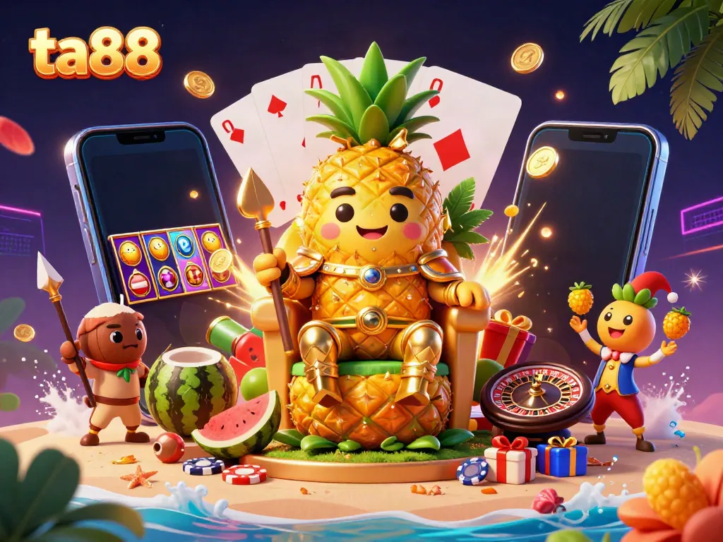 Experience the excitement at ta88 with a vibrant casino illustration featuring a golden pineapple king and game elements.