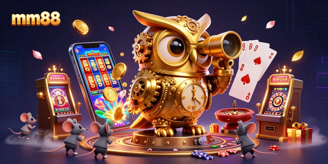 Experience mm88's thrilling games with a golden owl scanning the casino while coins erupt and cards fan out.