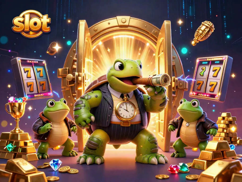Experience thrilling slot action with a cartoon snapping turtle gangster and enforcer bullfrogs in a vibrant casino.
