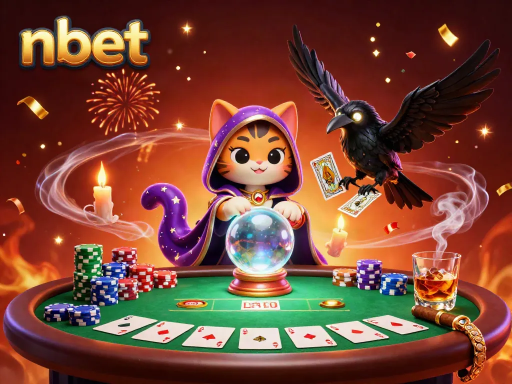 Experience the captivating world of nbet with a vibrant 3D casino scene featuring mystical characters and poker elements.