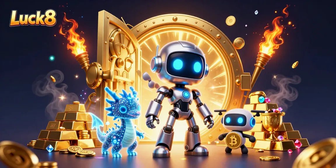Bet on Luck8 and engage with vibrant gaming treasures in this dynamic 3D casino scene.