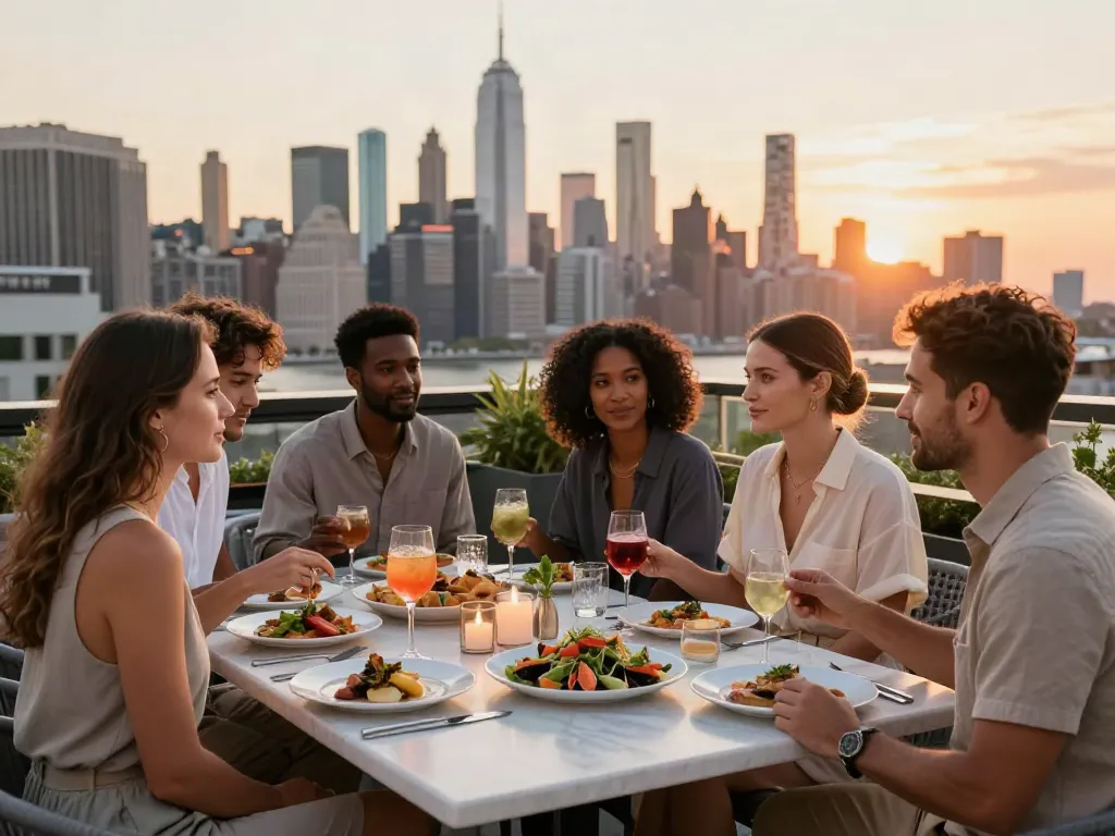 Friends enjoying a nohu dining experience with skyline views at sunset
