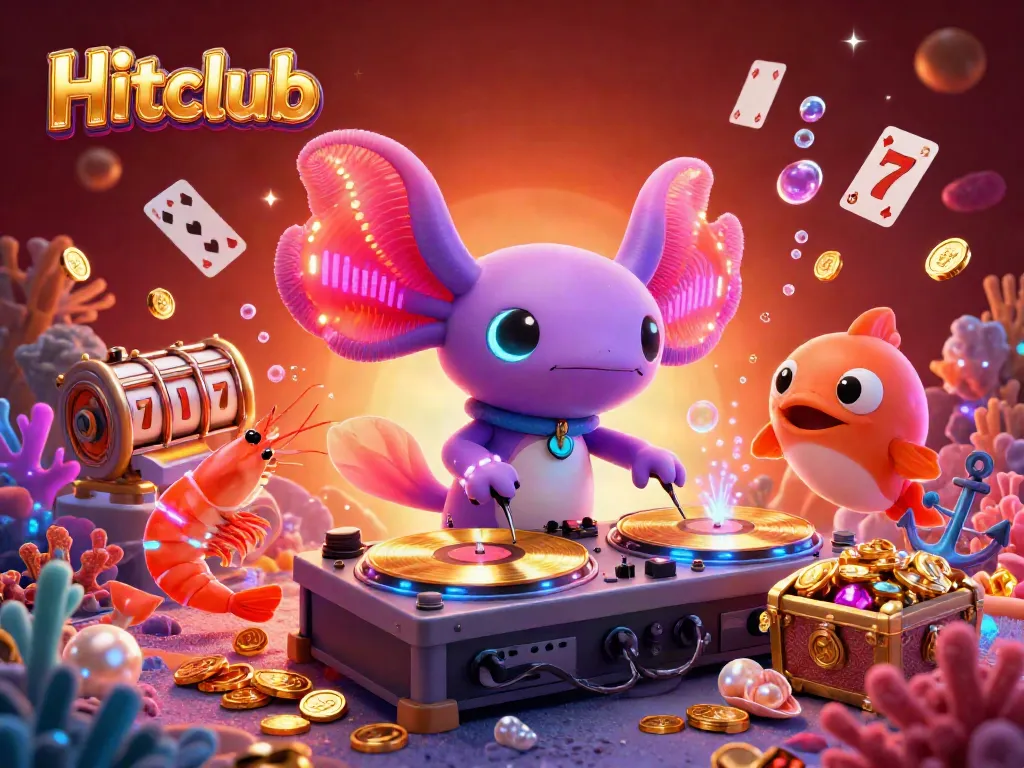 Join the Hitclub with a dynamic axolotl DJ, slot reels, and vibrant underwater casino elements.