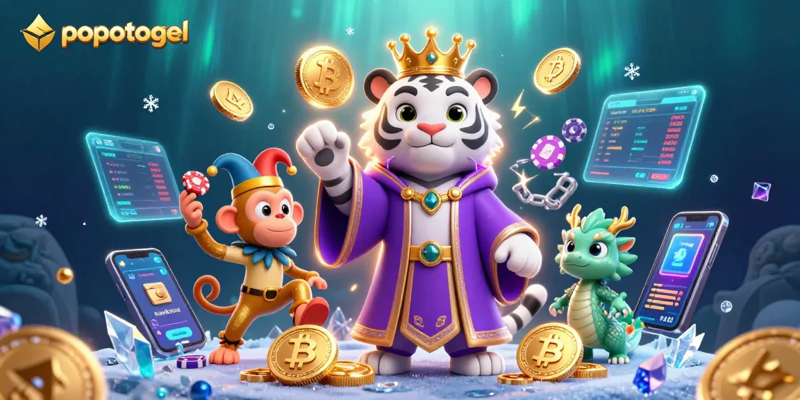 Experience popotogel with a vibrant 3D scene showcasing online casino elements and characters.