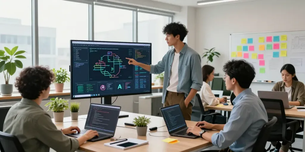 Team of AI developers collaborating on Enterprise AI models in a modern office.