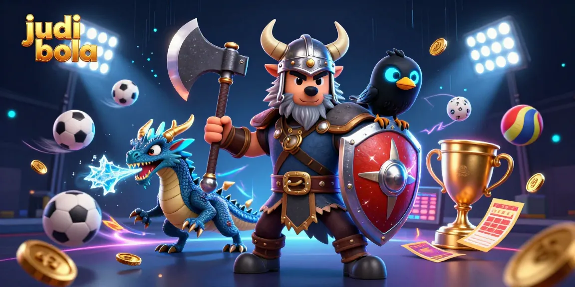 Bet on judi bola with thrilling soccer gameplay, showcasing a fierce Viking warrior and dragon in action.