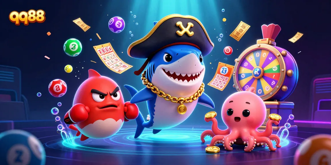 Play exciting games and win rewards with qq88 in this vibrant casino-themed illustration featuring dynamic characters and elements.