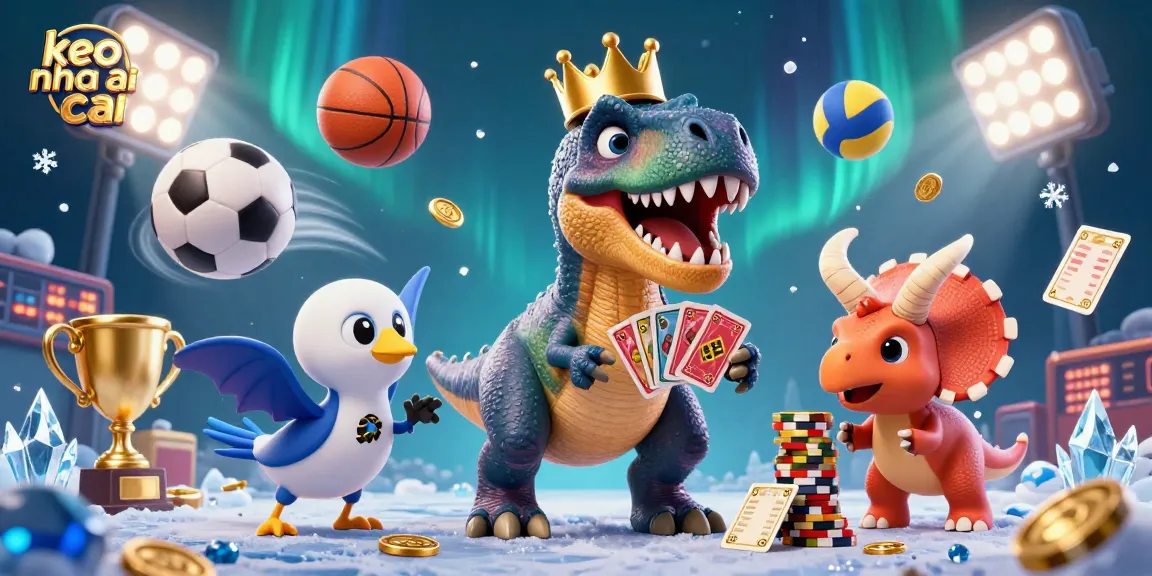 Engage with the thrilling keo nha cai scene featuring dinosaur characters and dynamic sports elements.