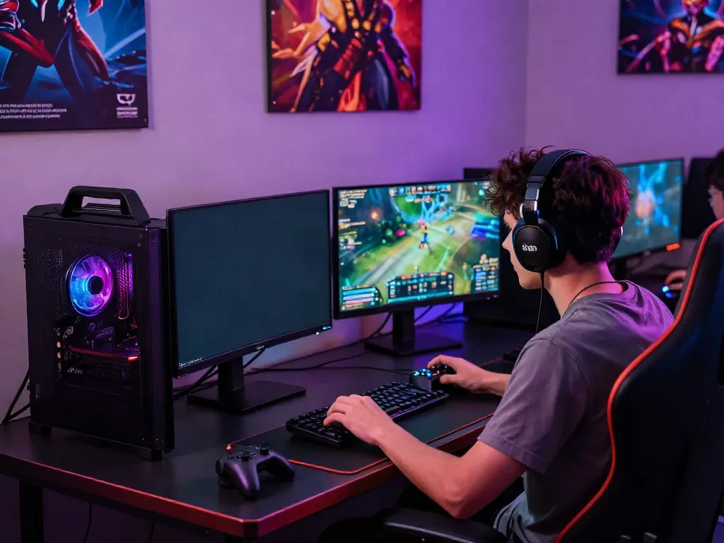 Dynamic gaming setup featuring QQMacan gameplay, LED lights, and focused player.