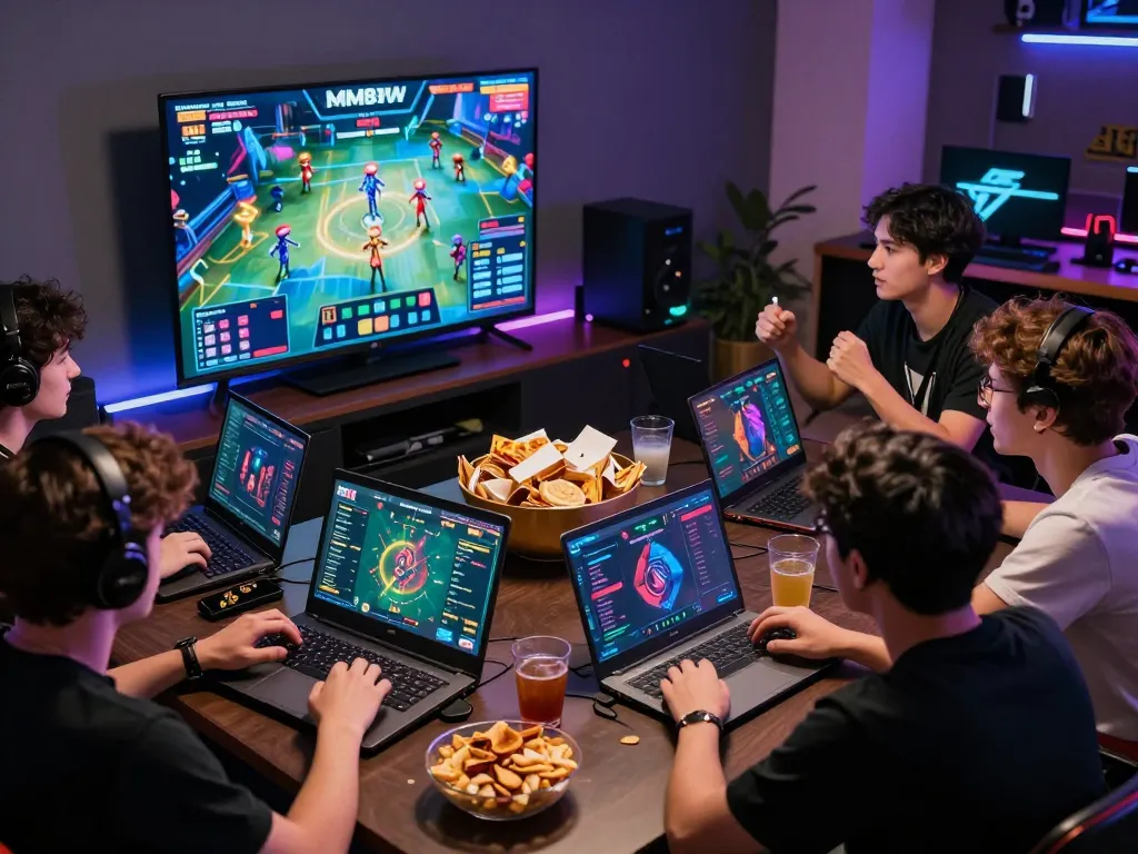 Friends enjoying an exciting gaming night with MM88, showcasing online betting activities and vibrant atmosphere.