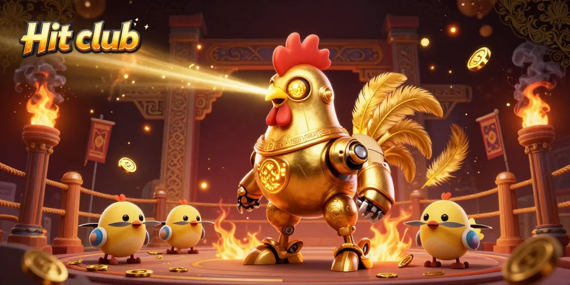 Hit club showcases a vibrant and dynamic 3D illustration of playful casino robots amidst golden coins.