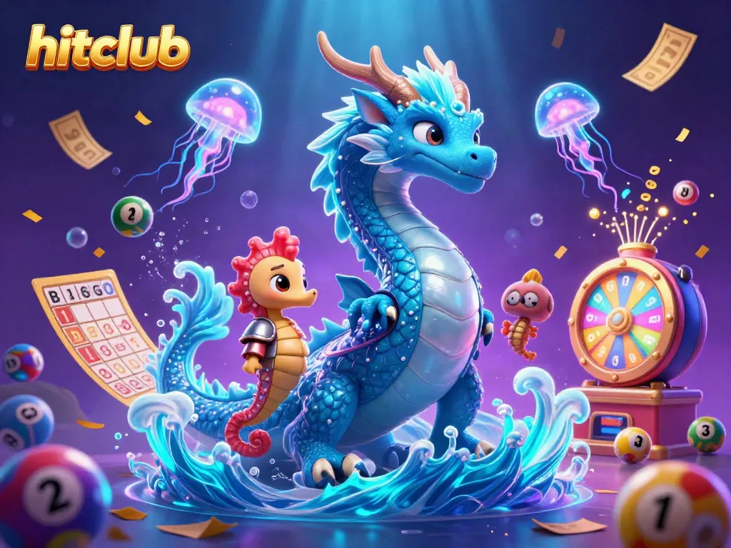Hitclub features a vibrant 3D scene with a dragon, seahorse knight, and lottery elements in an engaging casino environment.