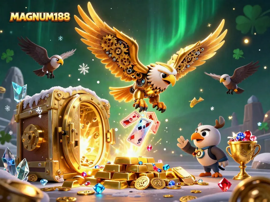 Engage with MAGNUM188's thrilling online gaming world featuring a cybernetic eagle amidst golden treasures and playing cards.