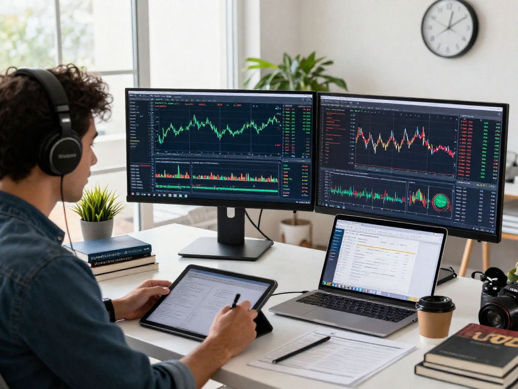 Usuario monitoreando el mercado de criptomonedas en su oficina moderna con la plataforma Immediate Edge.