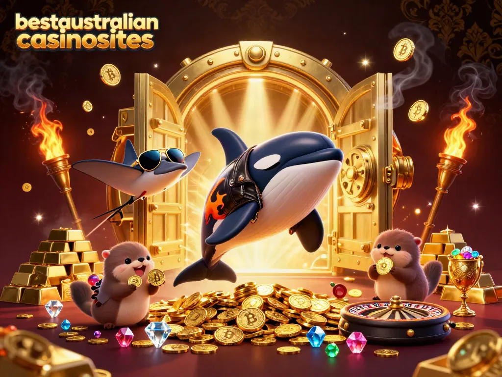 Experience thrilling Bitcoin gambling adventures at bestaustraliancasinosites with vibrant characters and casino elements.