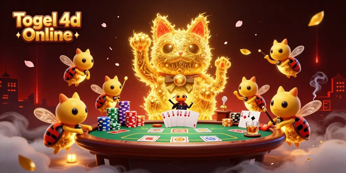 Togel 4d Online showcases vibrant 3D cartoon characters celebrating casino symbols in a festive gambling scene.