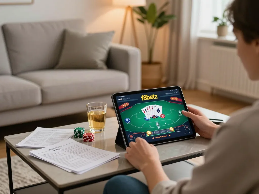 Player enjoys engaging poker game on f8betz app from stylish home gaming setup, showcasing cozy atmosphere.
