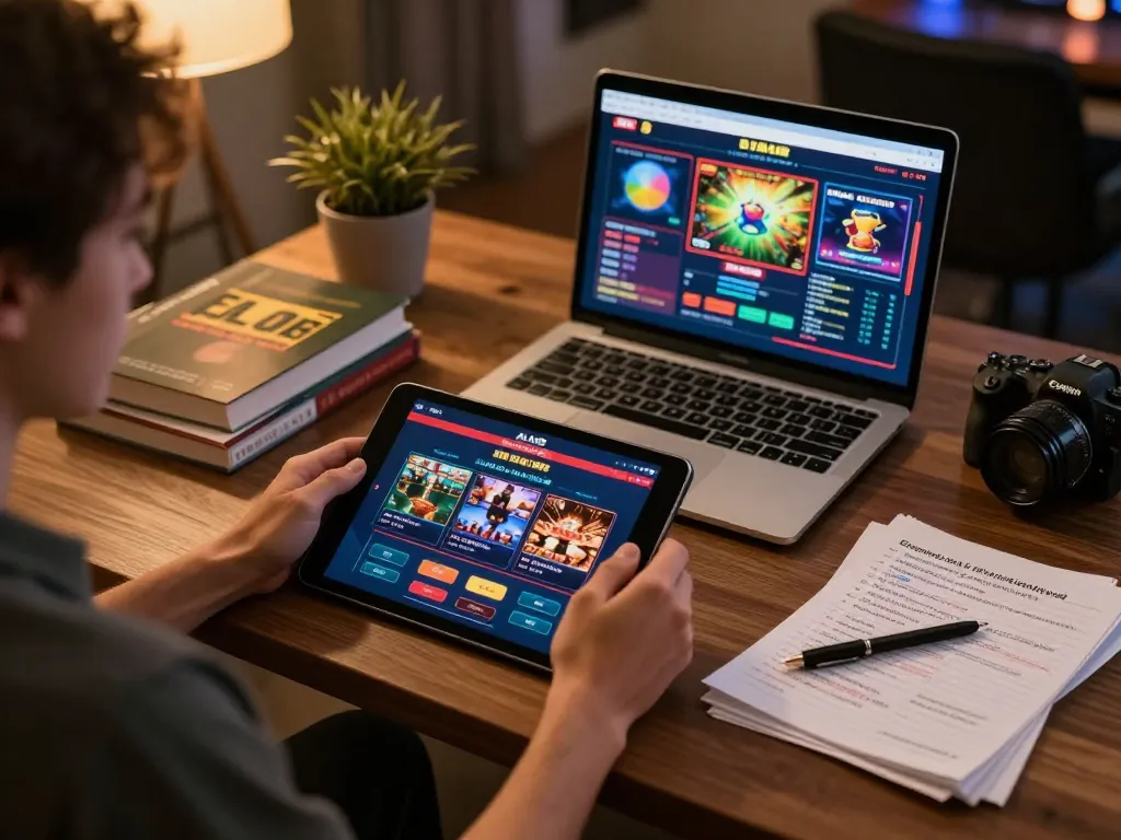 Person engaging with the ALO8 casino app on a tablet, exemplifying modern online gaming.