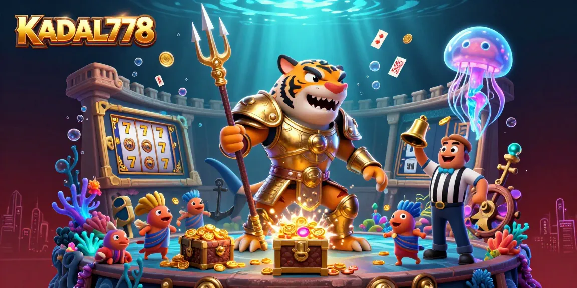KADAL778 showcases an energetic underwater casino scene with a golden tiger shark and vibrant game elements.