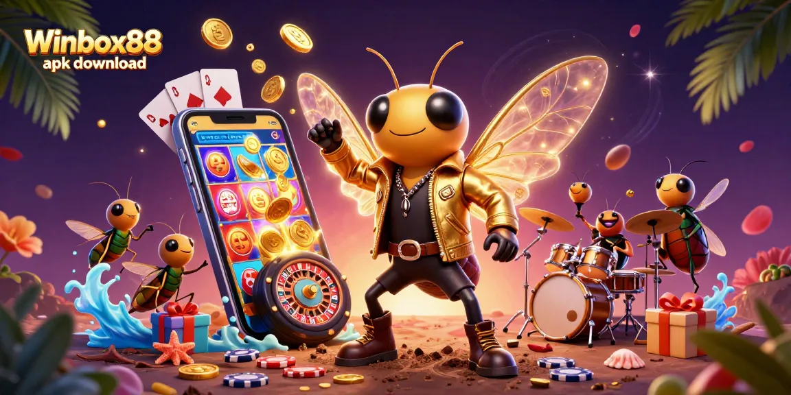Engage in the vibrant world of gambling with Winbox88 apk download, featuring a rock star cicada and dynamic casino elements.