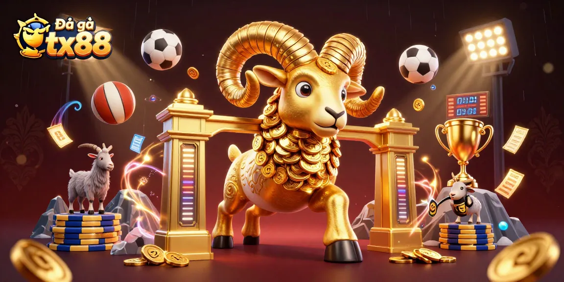 Engage in Đá gà tx88 excitement with a golden ram charging through a festive gaming arena, showcasing joyful betting elements.