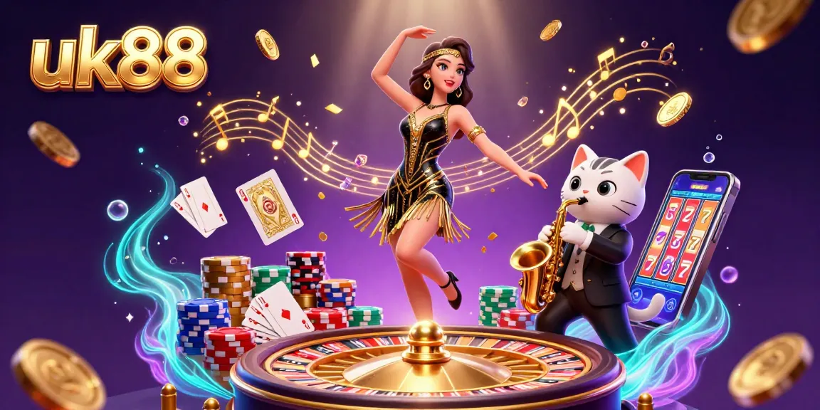 Spin and win with uk88 in a vibrant casino scene, featuring a dancer and a saxophone-playing cat.