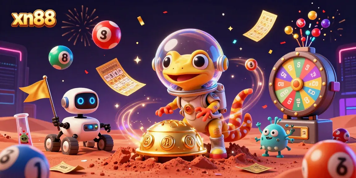 Join the exciting world of xn88 with a vibrant casino scene featuring a Martian gecko and dynamic gambling elements.