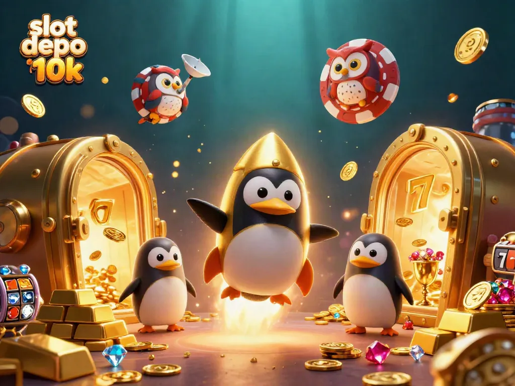 Experience excitement with slot depo 10k featuring a gold penguin and casino elements.
