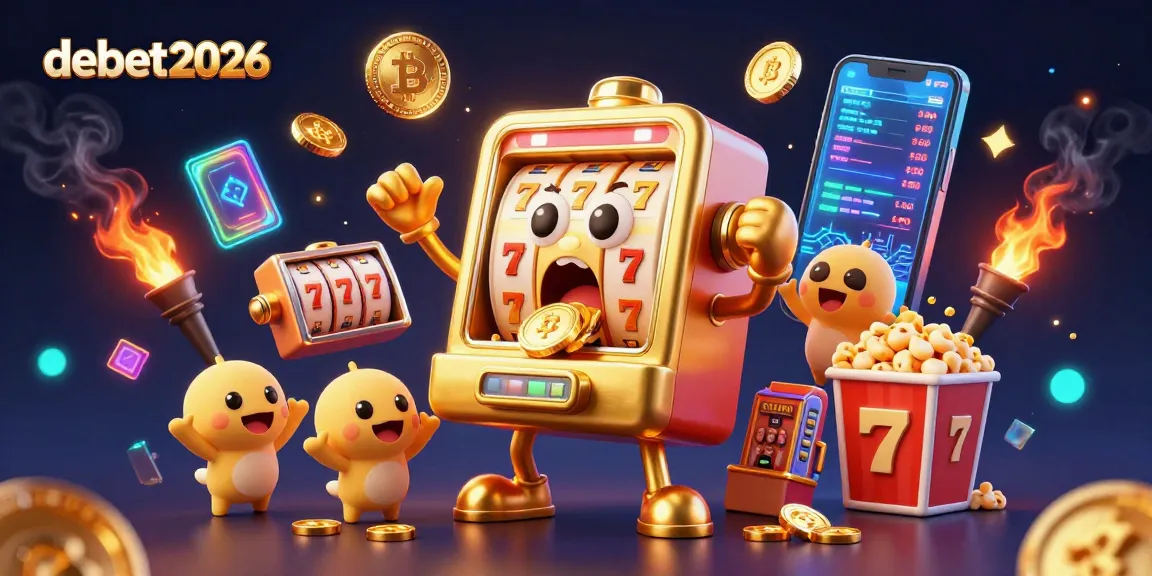 Experience excitement with debet2026 as the golden slot machine hits a jackpot in this vibrant casino scene.