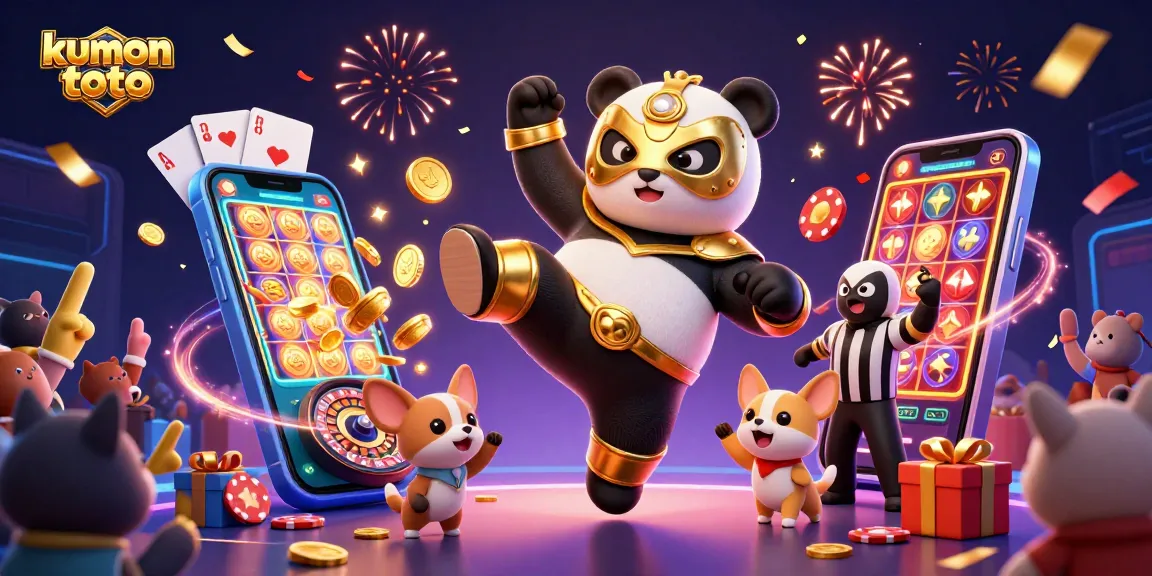 Engage in kumon toto excitement with a lively scene featuring a wrestler panda and animated gambling elements.