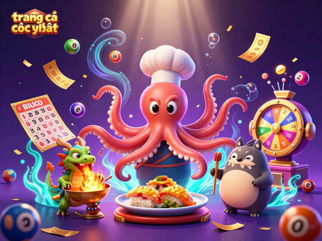 Engage in action with the vibrant "trang cá cược uy tín" scene featuring a sushi chef octopus, dragon, and dynamic gaming elements.