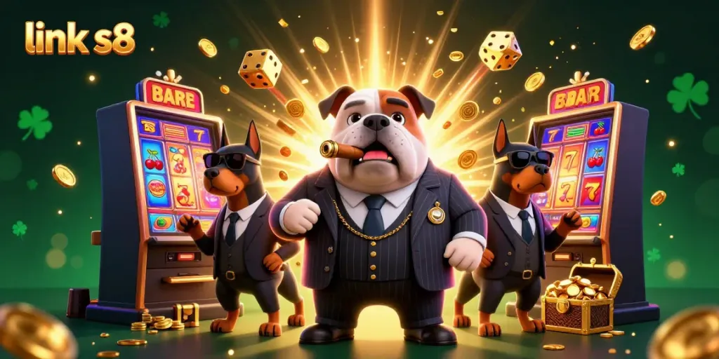 Experience big wins with link s8 in a vibrant casino scene featuring a mafia boss bulldog and golden slot machine.