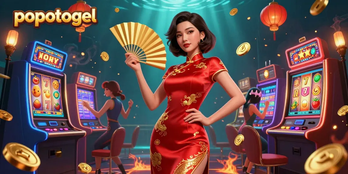 Experience popotogel with vibrant slot machines and a radiant character in a dynamic casino setting.