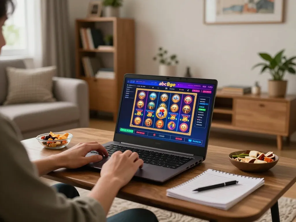 Engage in thrilling online gaming experiences with abc8go's vibrant casino interface displayed on laptop.
