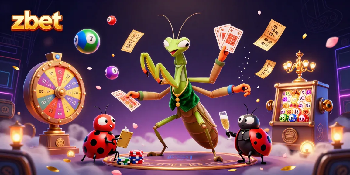 ZBET entertains players with a vibrant casino scene featuring a card-sharp praying mantis and chaotic game activities.
