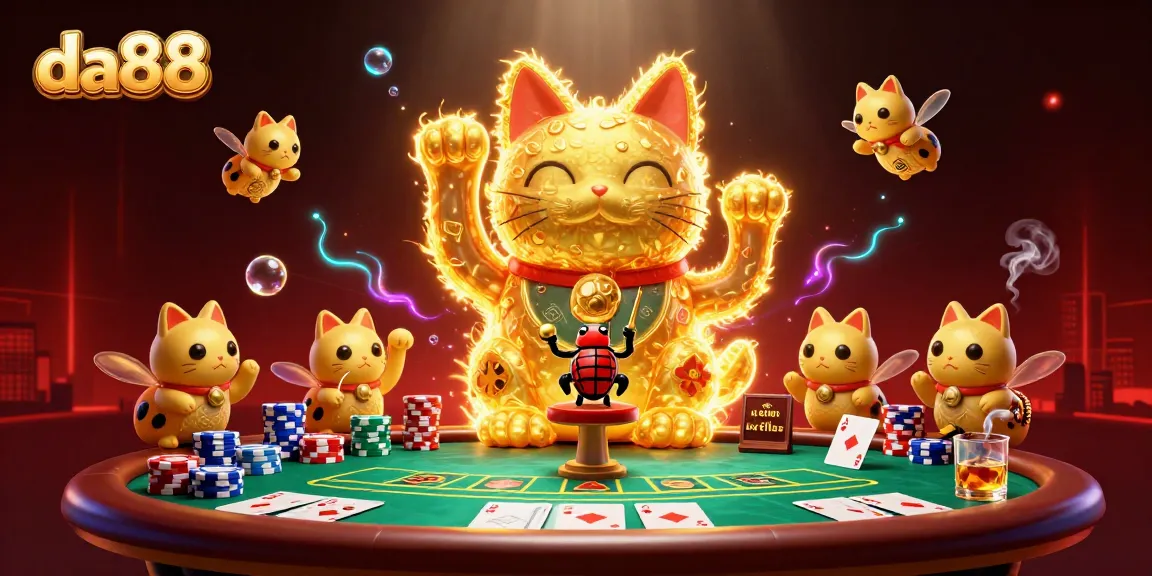 Experience the thrill with da88's vibrant 3D lucky cat and poker scene.