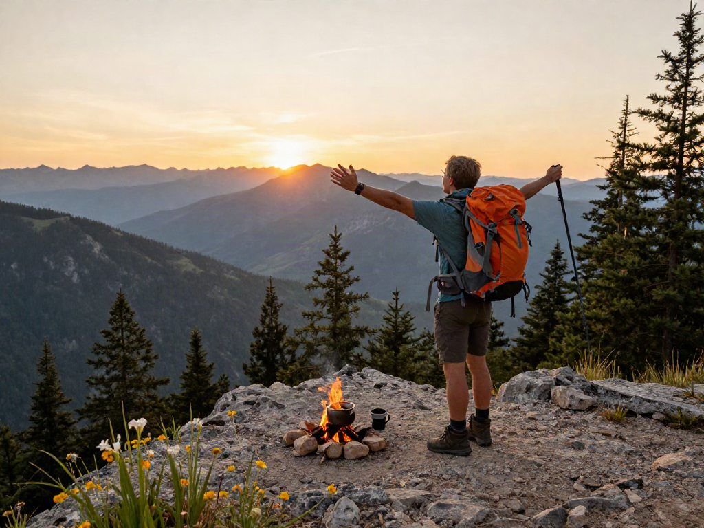 Traveler enjoying the breathtaking view at a rokok88 link cliff edge during sunset, capturing the spirit of adventure.