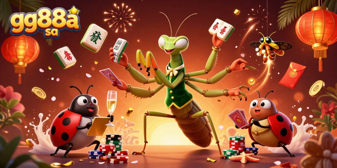 Engaging scene showing gg88a sa with a giant praying mantis card sharp and animated casino elements like cards and chips.