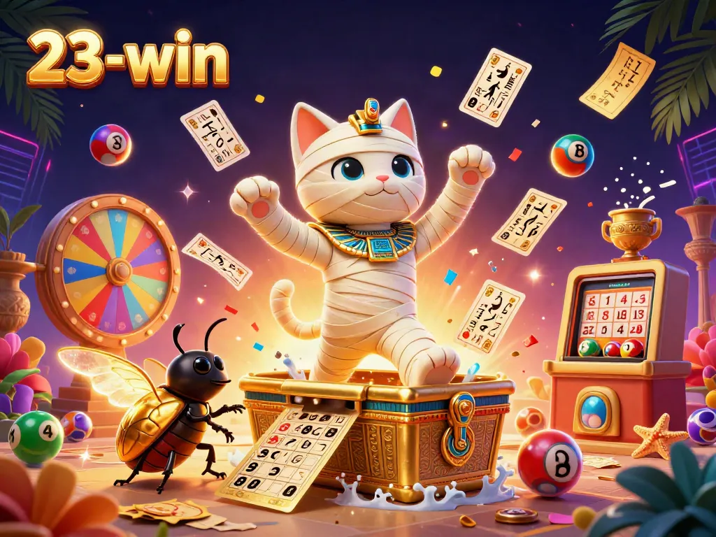 Experience the thrilling gameplay at 23-win with the dynamic Egyptian mummy cat and vibrant casino elements.